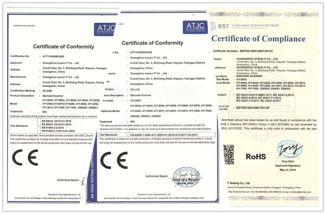 喜訊:廣州艾韋迅科技自主研發(fā)掃描槍產品通過歐盟CE和ROHS認證